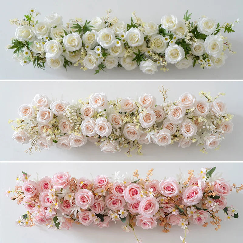 Wholesale Wedding Decoration Flower Row Artificial Pink White Purple Rose Flower Table Runner Flower