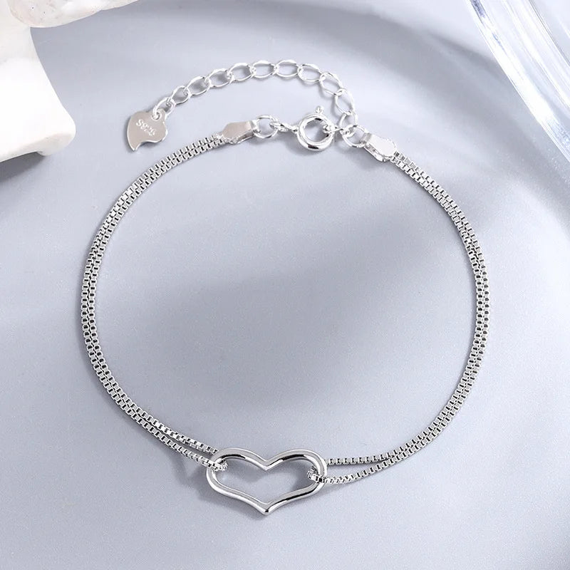 Simple INS Double Layered Pure 925 Sterling Silver Chain Hollow Heart Charm Bracelets for Women Girls Jewelry