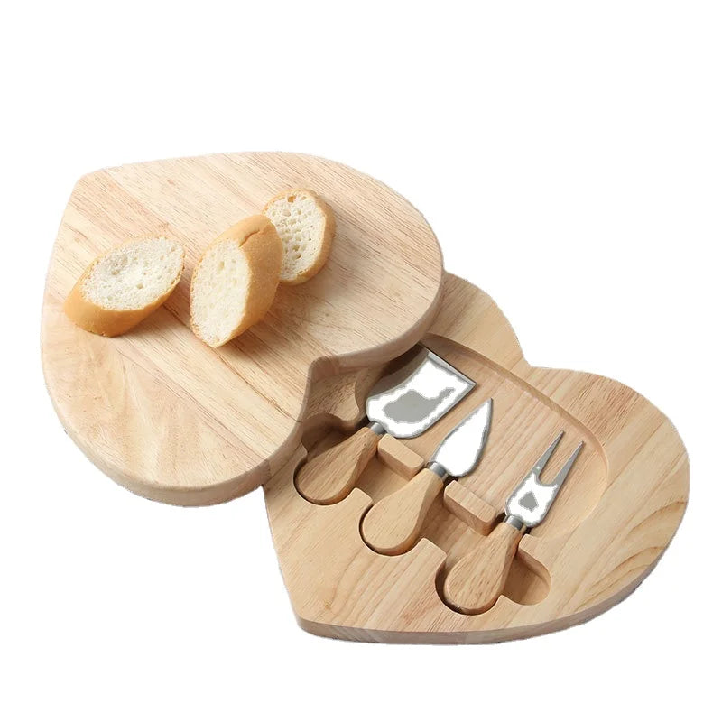 Valentine's Day Wedding Gift Heart Shape Cheese Cutting Board Wood Decorative Cheese Board With 3 Piece Cutlery Set