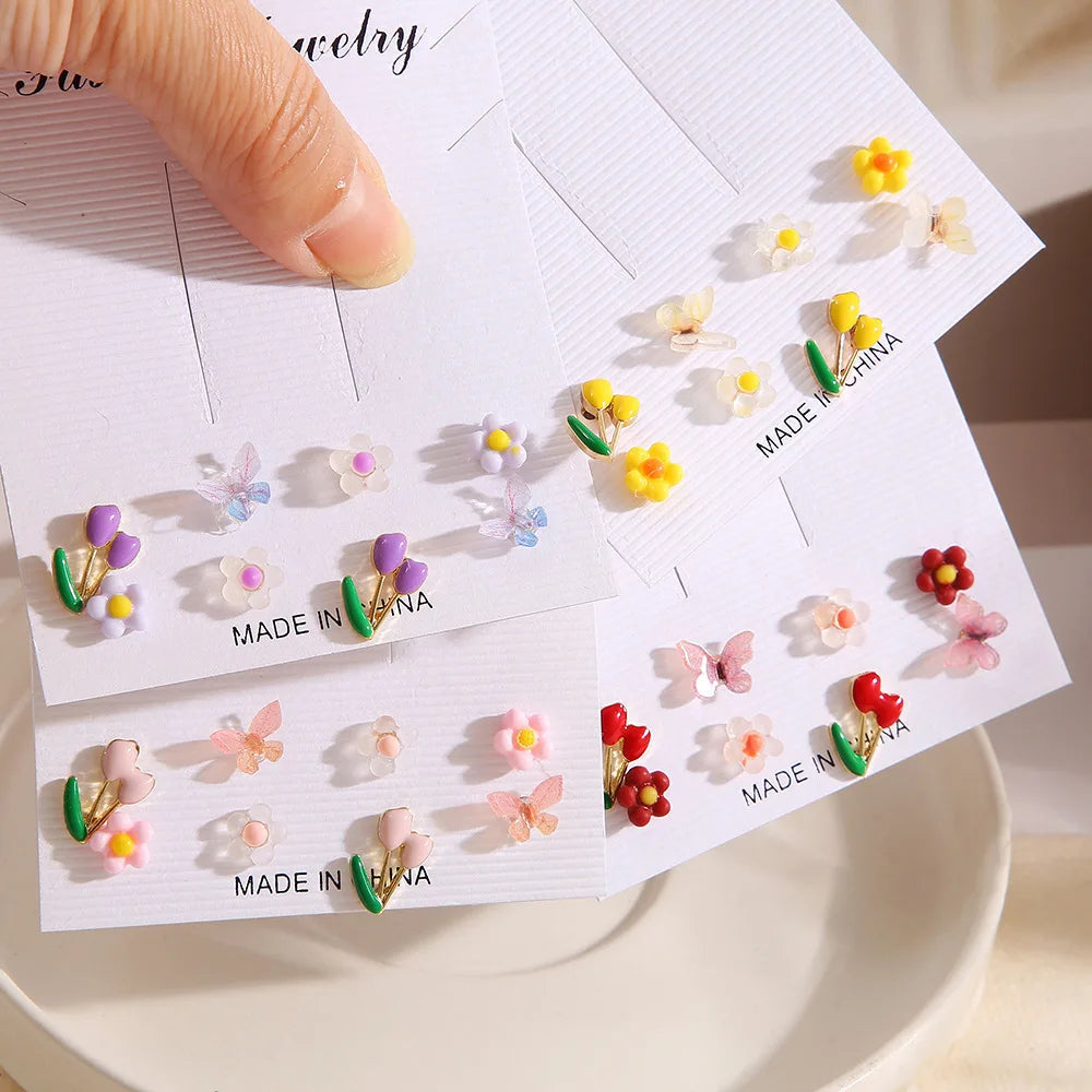 Korea Fresh Earrings Jewelry Gift Colorful Butterfly Flower Stud Earrings Tulip Paper Card Earrings Set Gifts for Women
