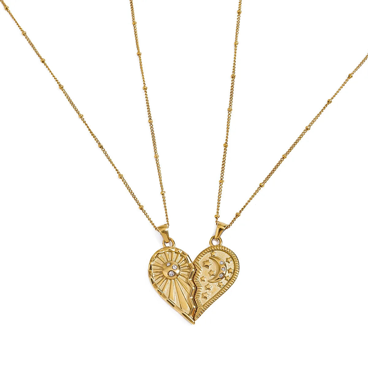 Minimalist Beads Chain Half Heart Necklace Sun Moon Star Necklace Rhinestone PVD 18K Gold Plated Stainless Steel Necklace