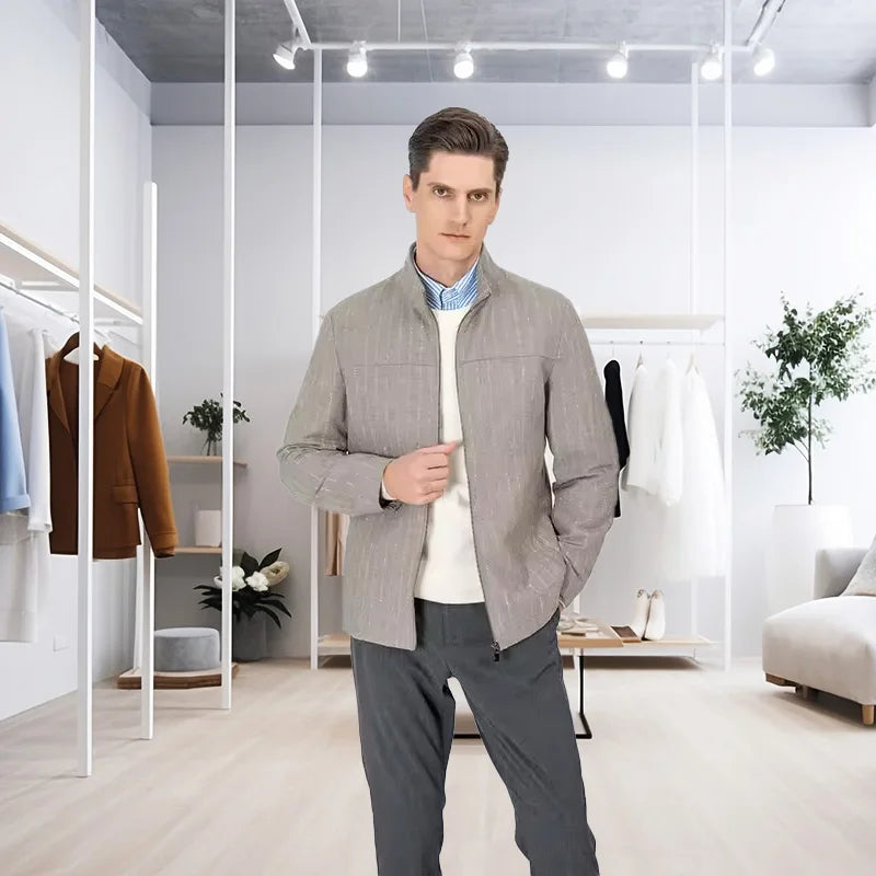 MTM Custom Men's Casual Beige Striped Top Jacket Single Breasted Suit Breathable ODM Supply for Adults MOQ 1 Piece