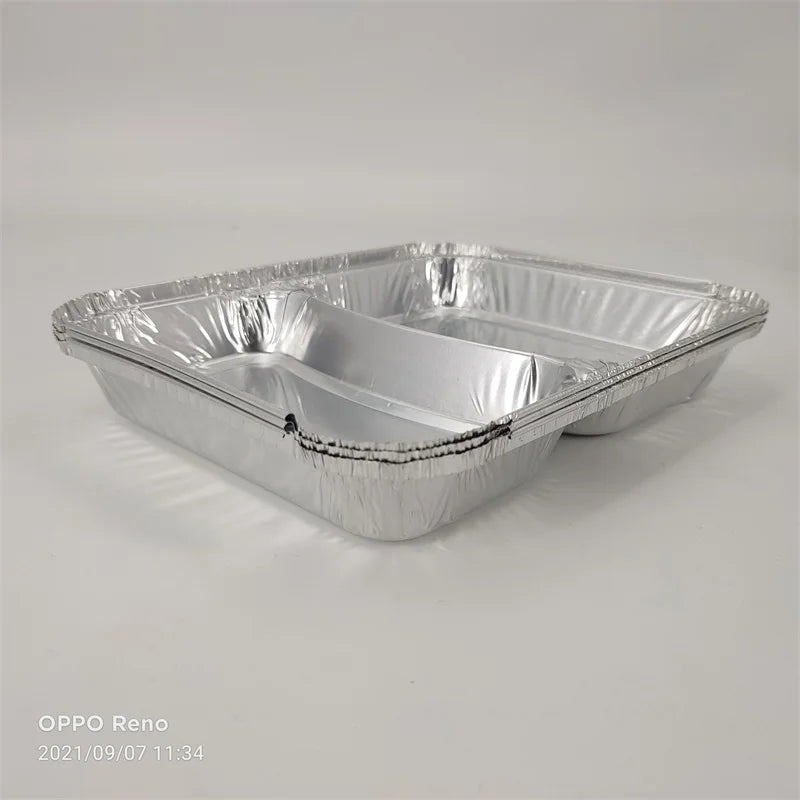 Disposable Foil Containers Two Compartments Aluminium Fast Food Packing Trays With Lids Oven Safe