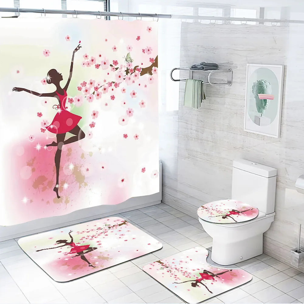 Dancing Girl Pink Series Custom Logo Shower Curtain Set 4pcs with Rugs And12 Hooks for Bathroom Set Decor
