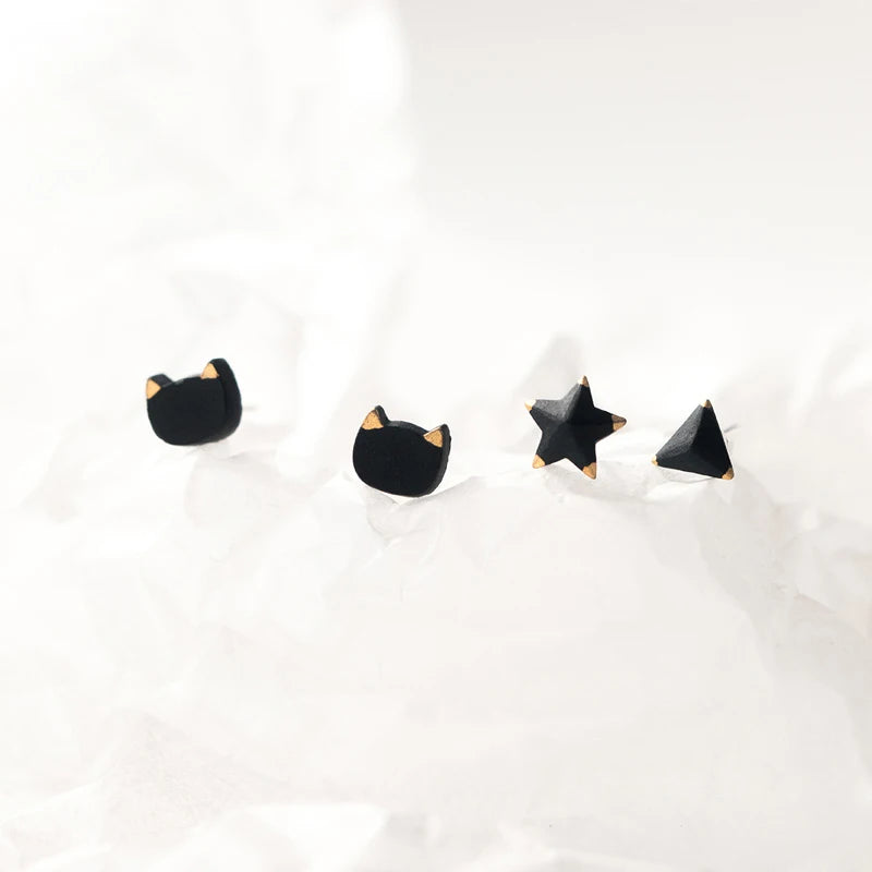 925 Sterling Silver Small Simple Black Ceramic Personality Women Cat/ Triangle/ Star Shape Stud Earrings New Fashion 2022