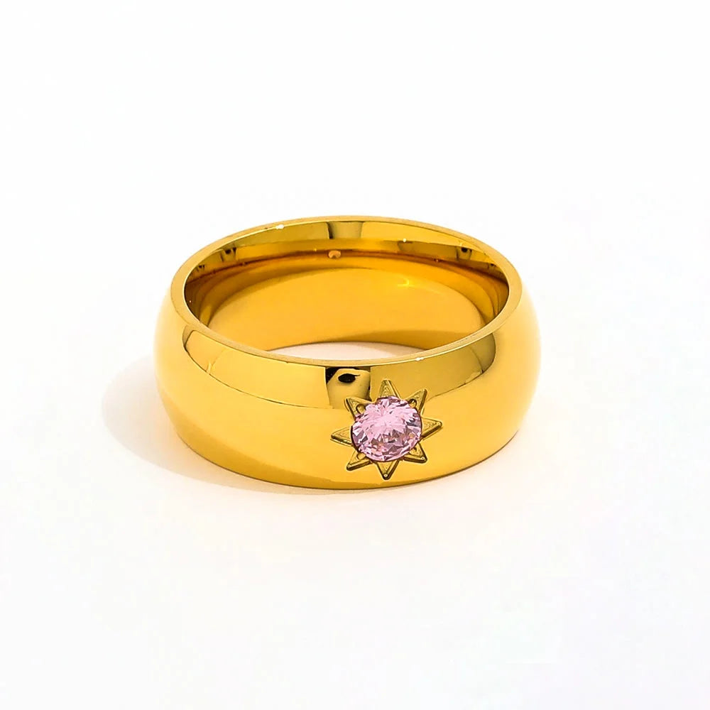High End 18K Gold Plated Cute  Pink Zirconia Hexagram Stainless Steel Ring Trendy Waterproof Gold Jewelry