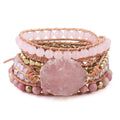 Handmade 5 Wraps Natural Rose Quartz Stone Crystal Metal Beads Beaded Wrap Bracelet Leather Bohemian Bracelets Jewelry Journey