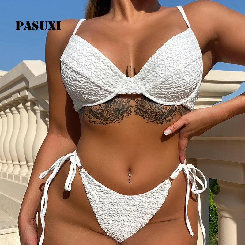 PASUXI Women Sexy Thong Swimsuit Bikini Swimming Suit Split Lace up Female Designer Swimsuit Bathing Suit Fitness Swimwear