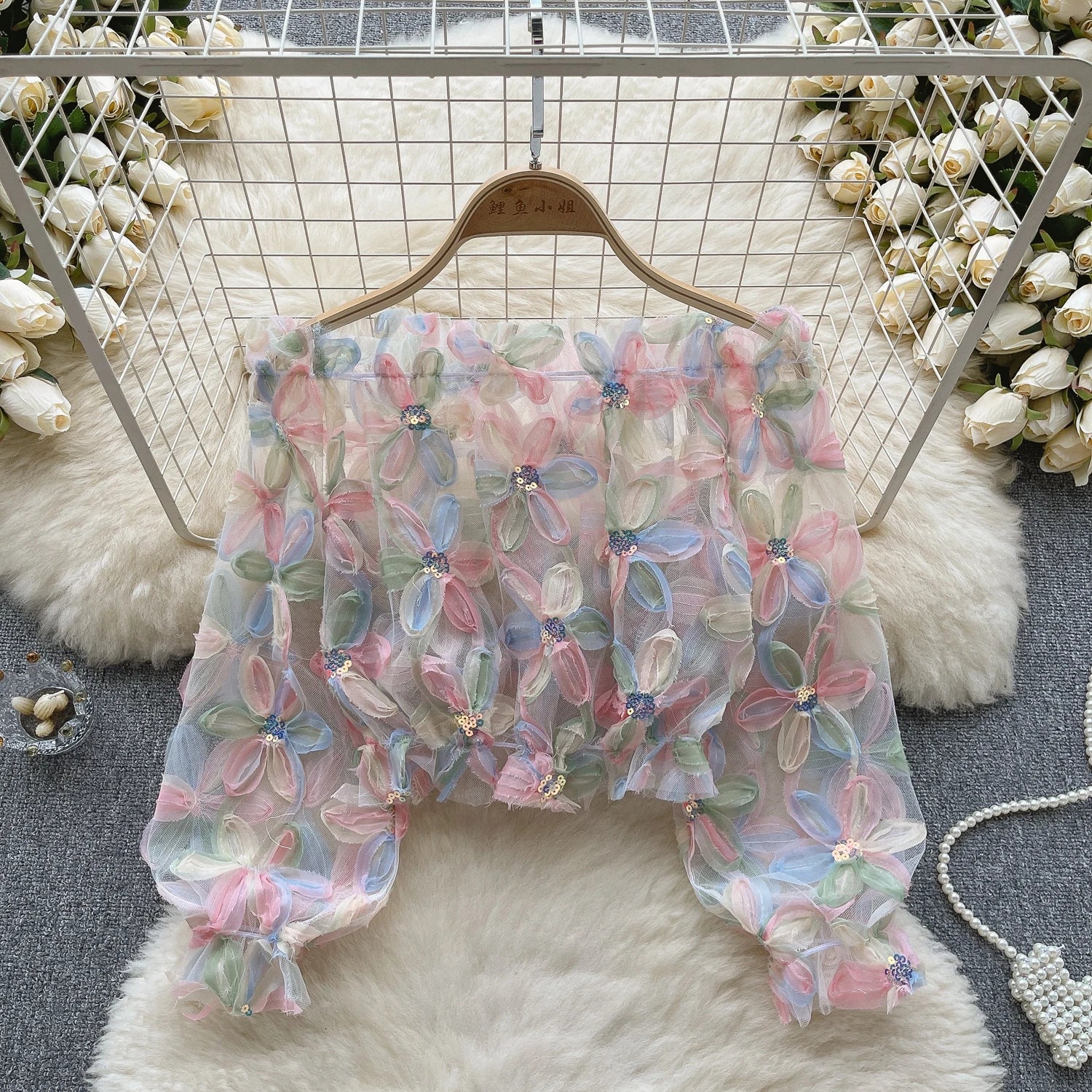 Wholesale 2026 Summer French One Shoulder Long Sleeved 3D Flower Mesh Loose and Slimming Versatile Women's Shirts