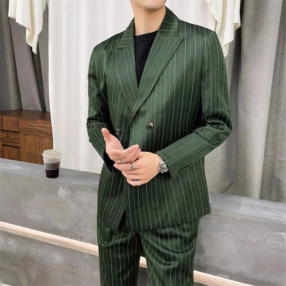 Olive Green Pinstripe Men Suits Double Breasted Peaked Lapel Prom Blazer Costume Homme Terno Masculino Groom 2 Pcs(Jacket+Pant)