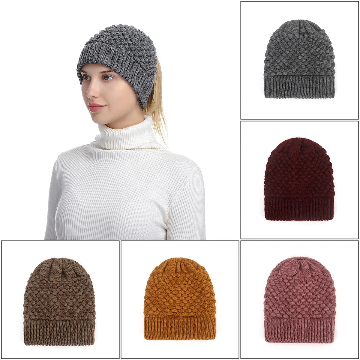 Autumn Winter Fashion Outdoor Warm Wool Ponytail Hat Wholesale Pure Color Woman Knitted Ponytail Hat