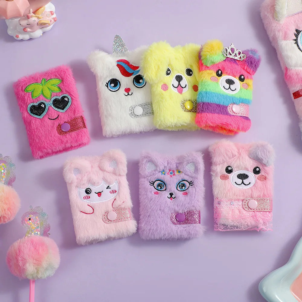 School Kids Fluffy Diary Cartoon Cute Pocket Size Mini Small Plush Notebook for Girls