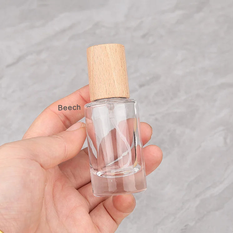Fancy Round Perfume Spray Bottle 20ml Screw Fine Mist Fragrances Cosmetic Packaging Wooden Cap Glass Perfume Bottle