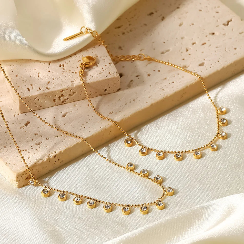 Simple Pendant 18k Gold Plated Set Non Tarnish Zircon Beads Stainless Steel Necklace