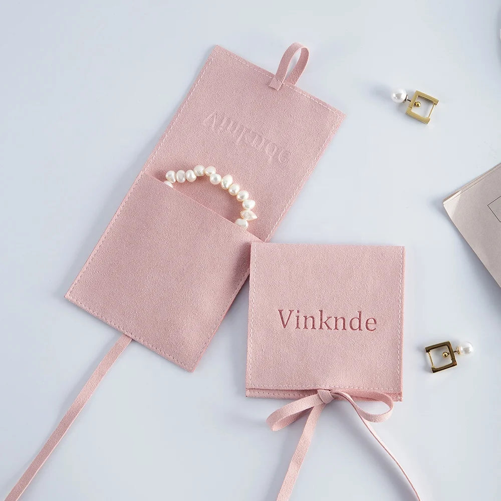 8*8 cm Custom Deboss Logo Luxury Jewelry Pouch Bag Packaging Exquisite Pink Microfiber Envelope Flap Package Pouch With Rope