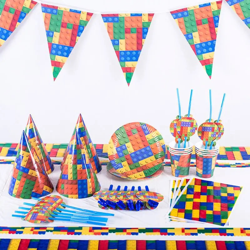 Kids Happy Birthday Cartoon Colorful Tableware Set Supplies Cute Disposable Building Blocks Birthday Party Tableware Kit