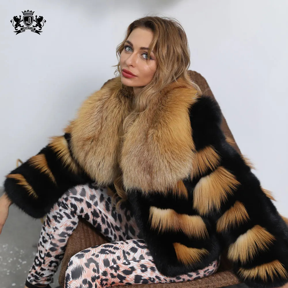 Janefur Real Fox Fur Jacket Luxury Striped Outerwear New Style Winter Fashion Women Red Fox Fur Coat