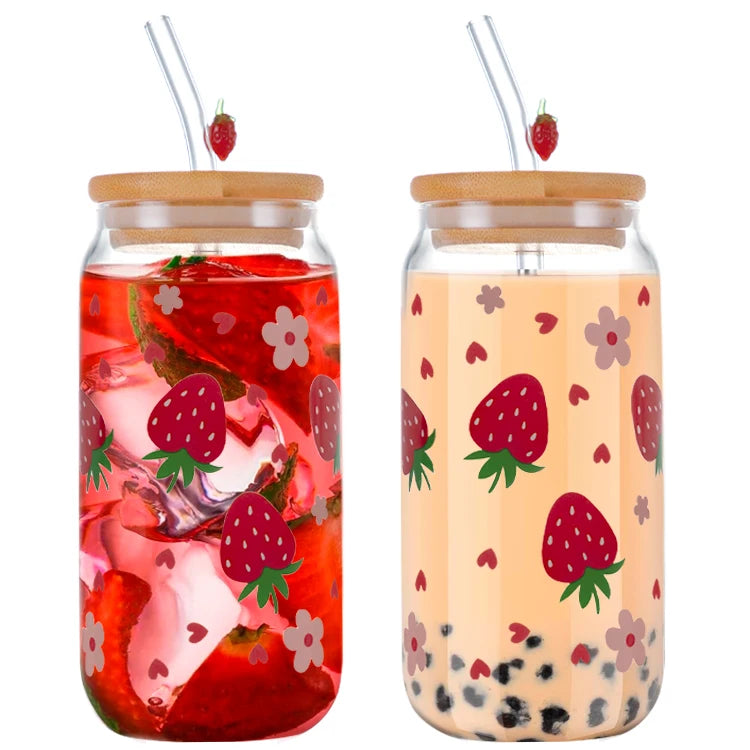 Reusable 4 Pack Clear Borosilicate Mug Cocktail Glasses Coffee Cup Tumbler Custom Strawberry Can Shaped Glass With Lid Straw