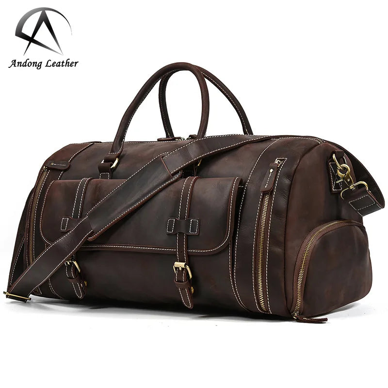 Retro Crazy Horse Leather Travel Bag Men Large Capacity Luggage Bags with Shoes Pocket Handbag Shoulder Messenger Bag Duffel