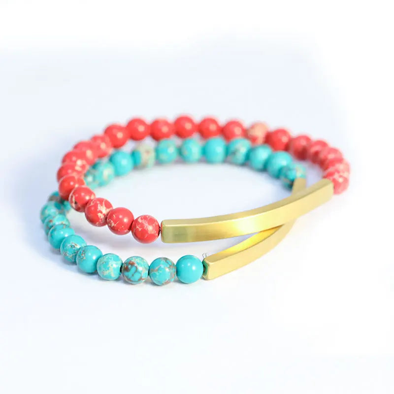 Personalized Engraved Inspirational Bracelet Gold Plated Stainless Steel Custom Blank Bar Beaded Healing Stone Bracelet