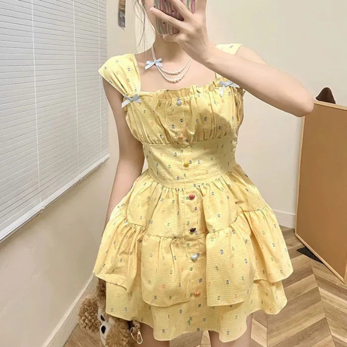 S-XL  Rainbow Polka Dot Camisole Dress Summer Yellow Sleeveless Cake A-line Dress