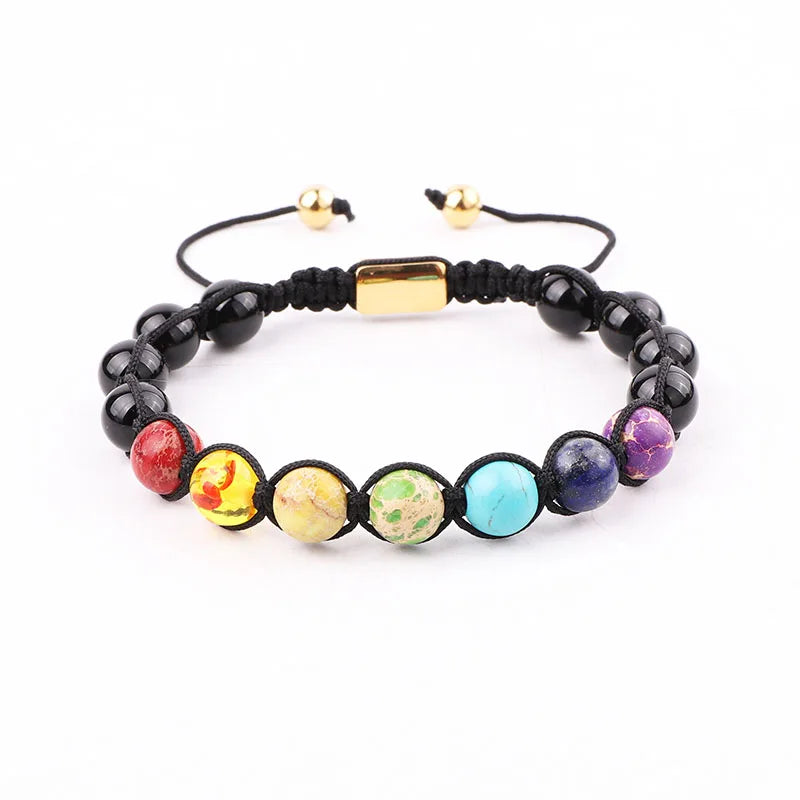 New Fashion Gemstone Black Agate 7 Chakra Stone Custom Engrave Friendship Macrame Bracelet Women Men