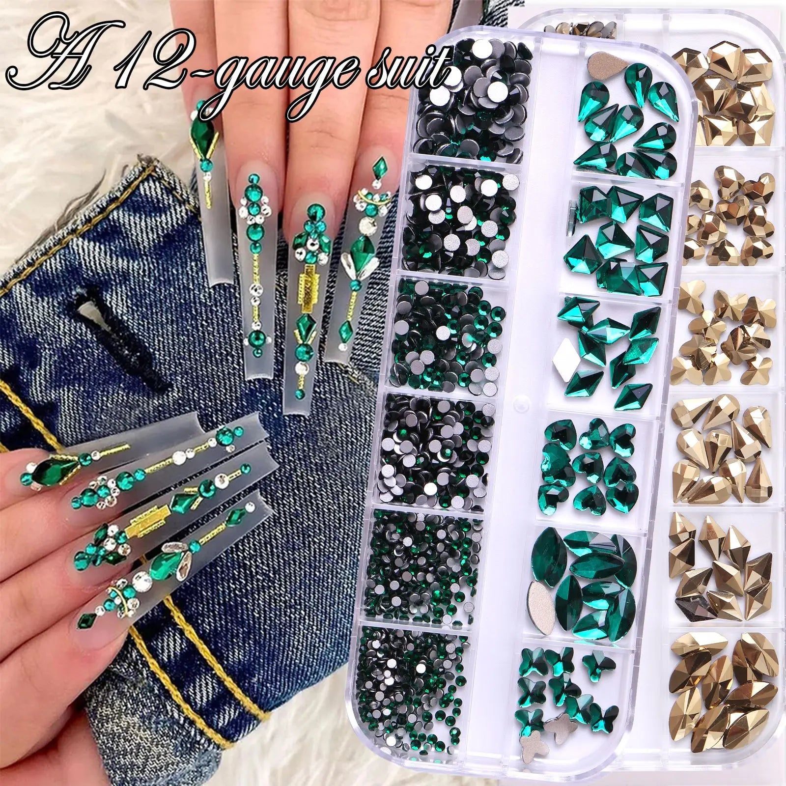 Ab Colorful 12 Grid Box Multi-Size 3D Glitter Nail Art Sticker Decoration No-Hotfix Rhinestones Flatback Crystal Diamond Glass