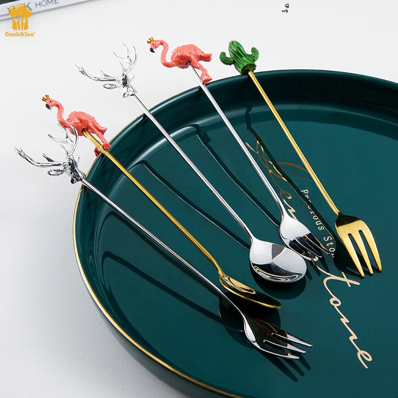 2026 Amzn Hot Sell Gold Sliver Elk Spoon Fork Set Cactus Shape Coffee String Spoon Flamingo Dessert Spoon for Wedding Gift