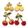 Fashion Cute Tarnish Free Stainless Steel PVD Gold Plated 3D Red Enamel Cherry Pendant for Necklace Earring DIY Jewelry Making