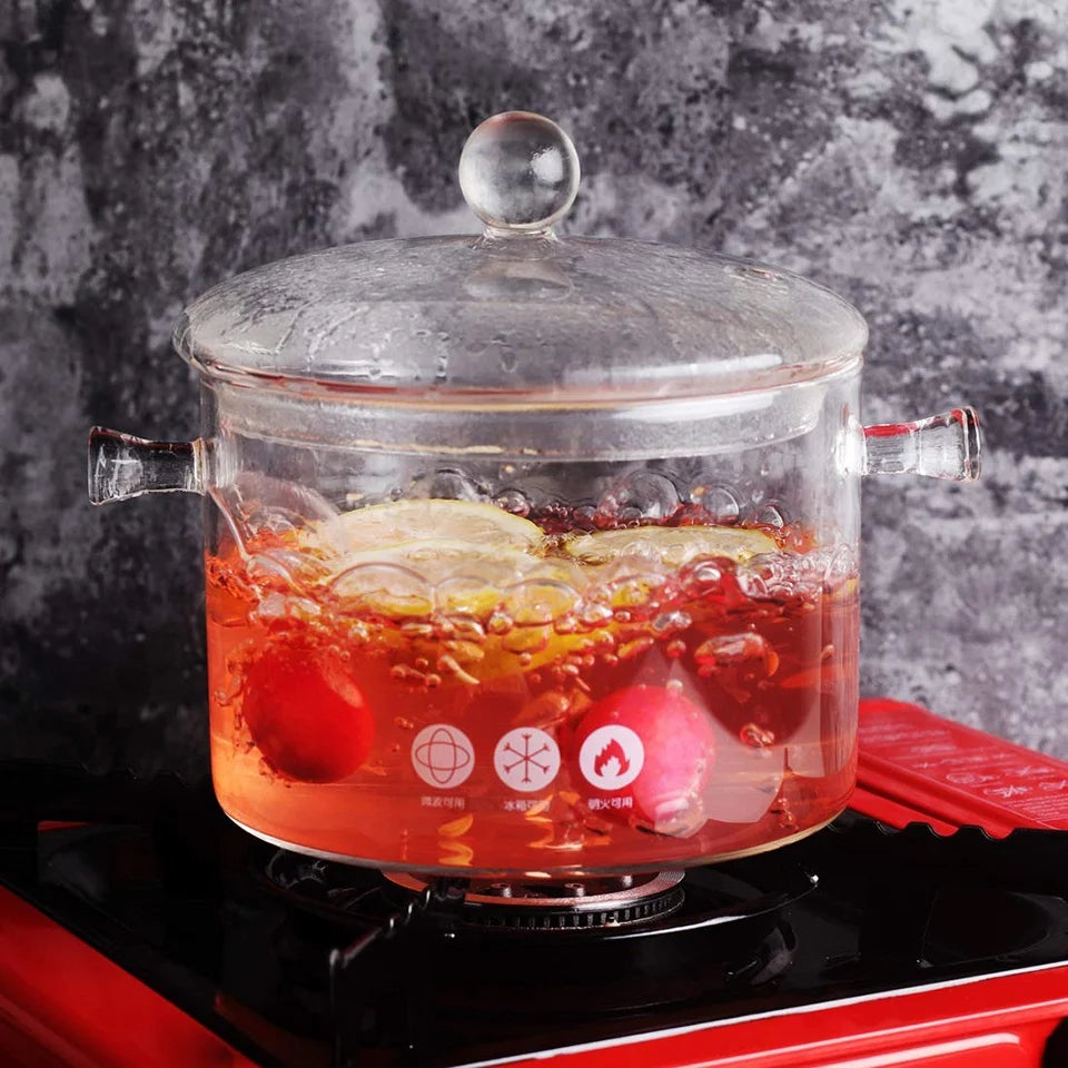 Food-grade Heat Resistant Glass Cooking Pot Clear Glass Soup Pot with Lid for Stovetop Microwave Oven