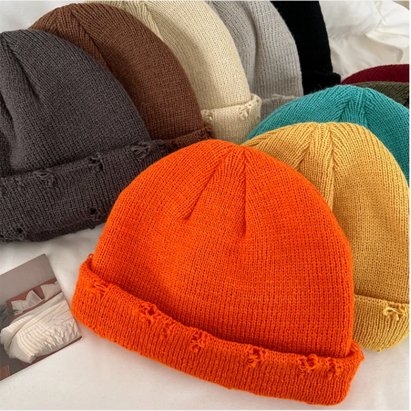 Unisex Women Custom Fisherman Ripped Beanie Acrylic Blank Beanie Hats Cuffed Distressed Beanie