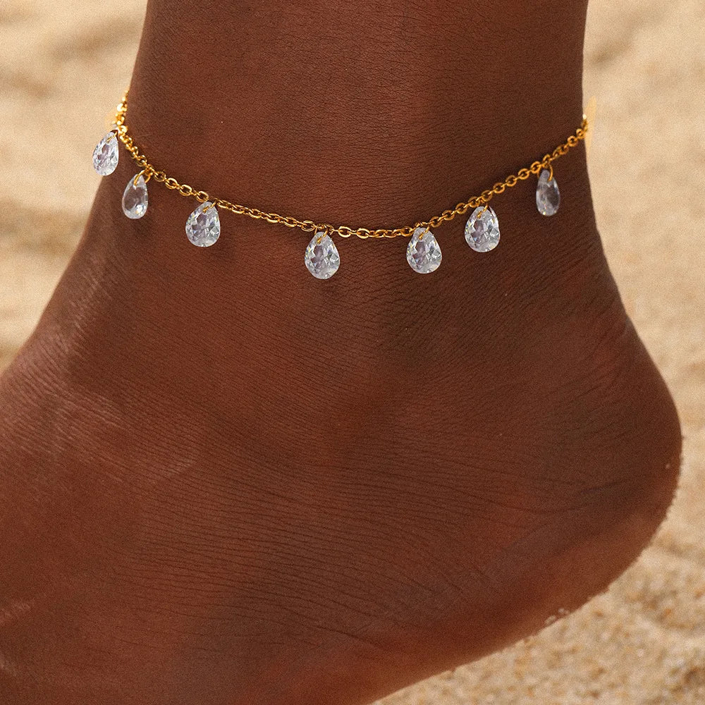 2025 Dainty 18k Gold Plated Stainless Steel Anklet Bracelet Zircon Water Drop Bracelet Tassel Bracelet for Women