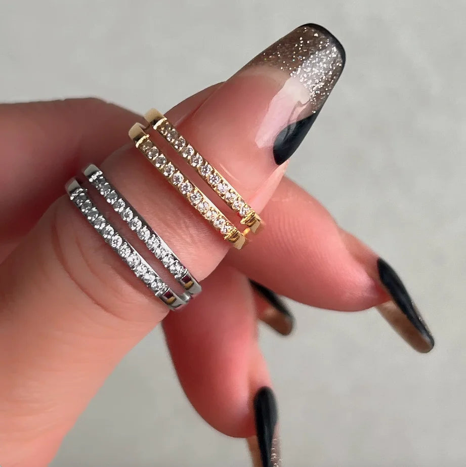 Dainty Ladies Waterproof and Anti Tarnish Jewelry Women Accessories Stainless Steel Two Row Diamond Zirconia Rings for Women