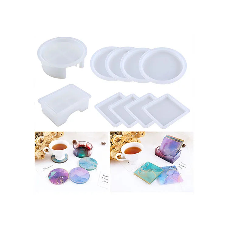 YS DIY Round Square Shape Resin Coaster Tray Mold Silicone Square and Round Coaster Candle Plaster Storage Box Mould Making Tool