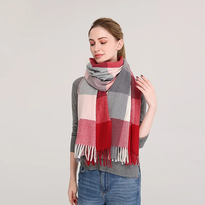 Fashion Women's 2025 Autumn Winter Thick Warm Polyester Imitation Cashmere Long Plaid Korean Retro Fringe Scarf
