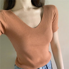 Vintage Korean Style Summer T-Shirt for Women Slim V-Neck Short Sleeve Casual Knitted Tops in Solid Color