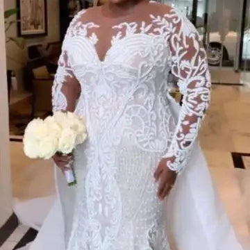 S9284F 2026 High Quality Long Sleeved Disassembly Trailer Mermaid Lace Hot Selling Lace Back Design Bohemian Style Wedding Dress