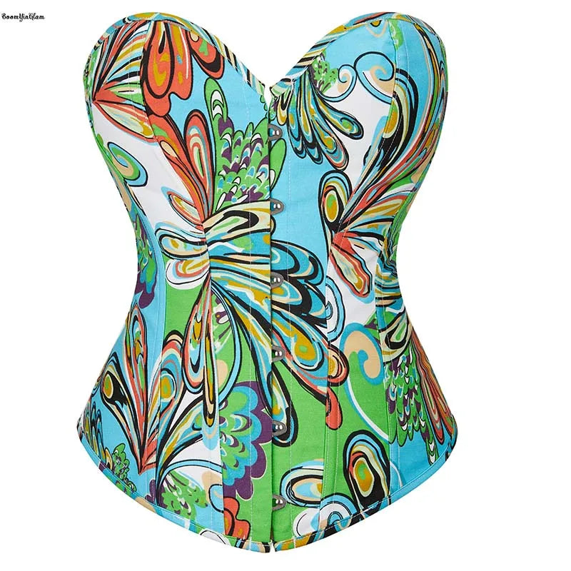 6 Brooches Closure Red Green Vintage Korsett Chest Binder Bustier Butterfly Print Overbust Corset Top for Women