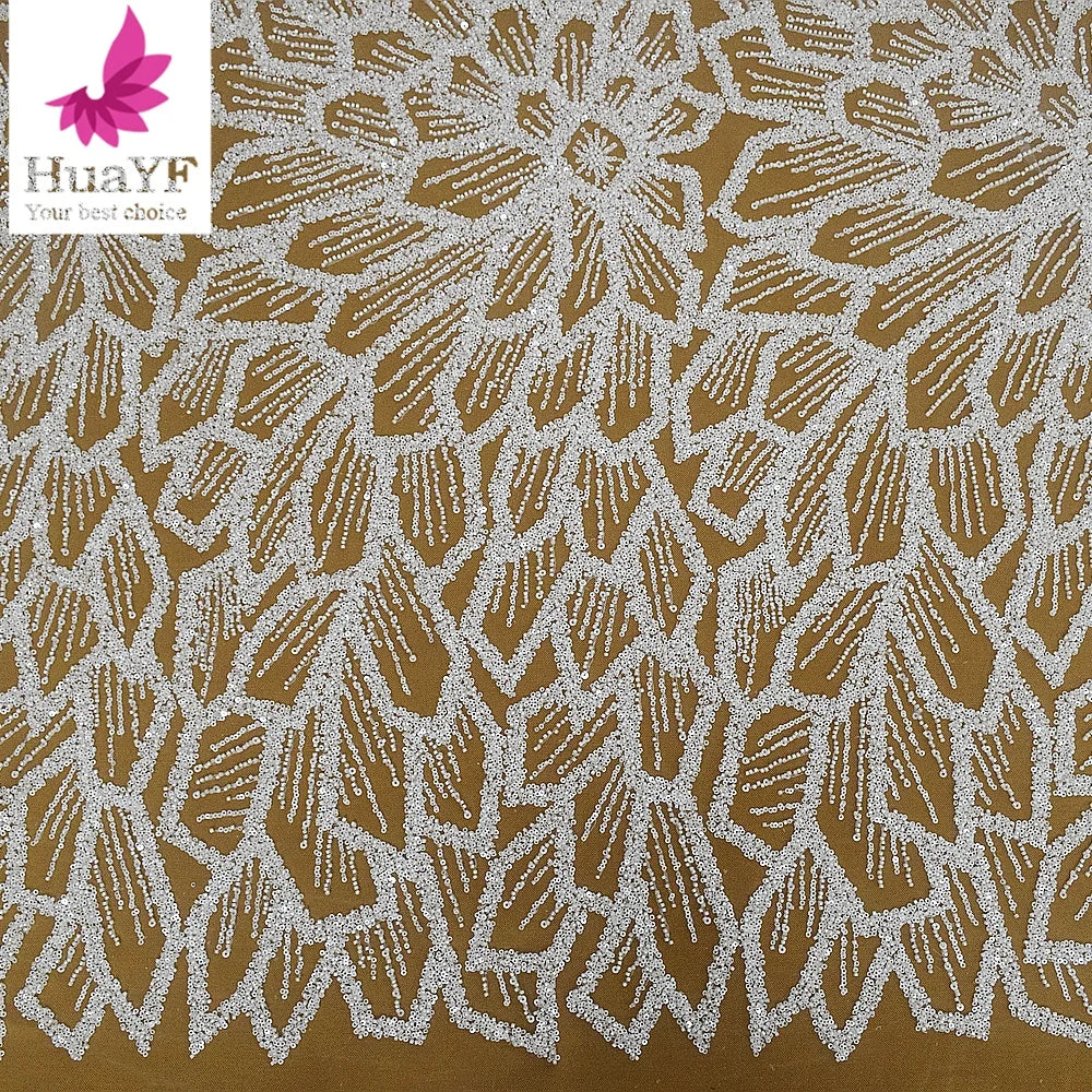 HY2553 New Arrival White Beaded Bridal Tulle Lace With Sequins for Women Wedding Dress Fabric