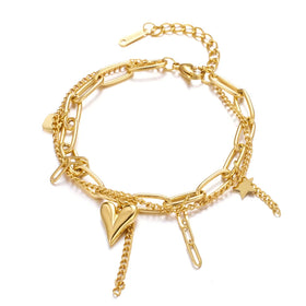 Fashion Party Gift Jewelry Tarnish Free 18K Gold Plated Stainless Steel Love Heart Star Charms Layered Chain Bracelet for Women