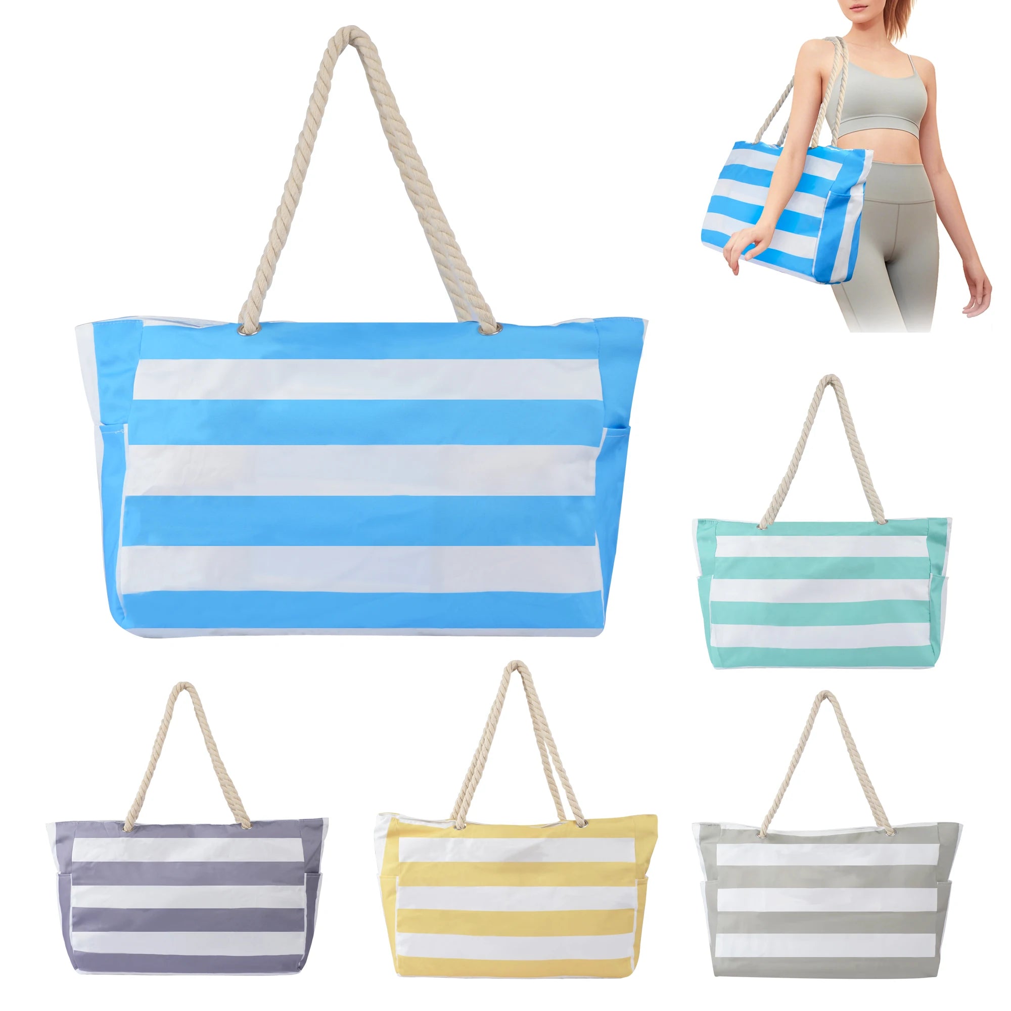 Large Zipper Shoulder Bags Swim Pool Swimming Bag Oversized Summer Striped Women Beach Tote  Hand Bag