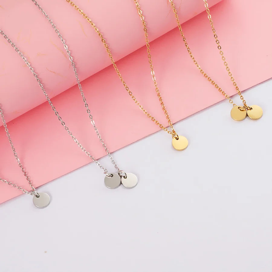 Personalized Silver Stainless Steel Necklace Geometric Circle Charm Custom Name Engraved Laser Logo Disc Mirror Style Jewelry