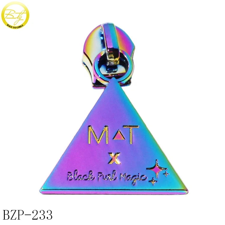 Triangle Shape Handbag Hardware Custom rainbow logo #5 Head Slider Zipper Puller Charm for Girls Backpacks