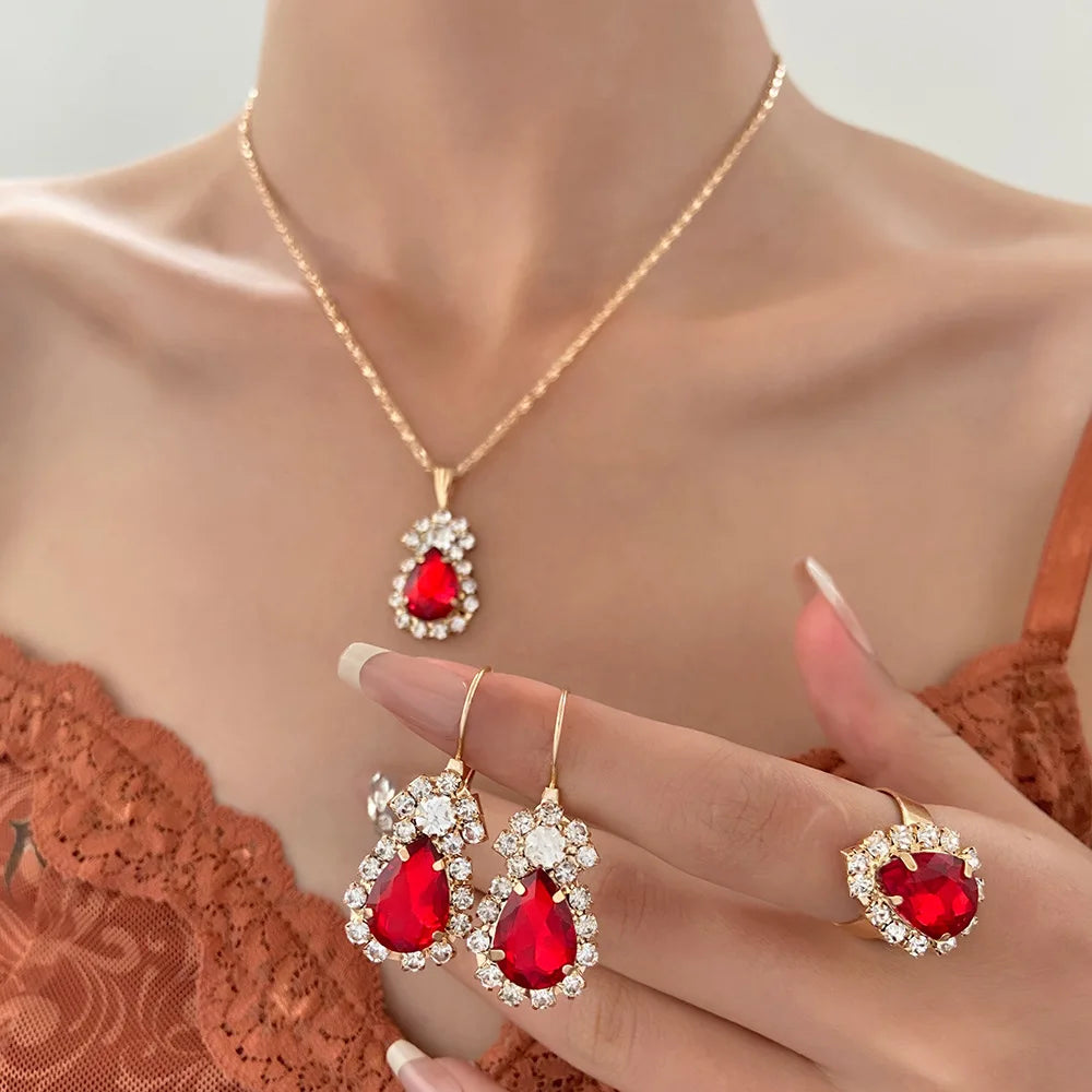 DUYIZHAO Ins Fashion Wholesale Price Large Waterdrop Crystal Gold Necklace Earrings Ring Set for Women Wedding Daily Wear