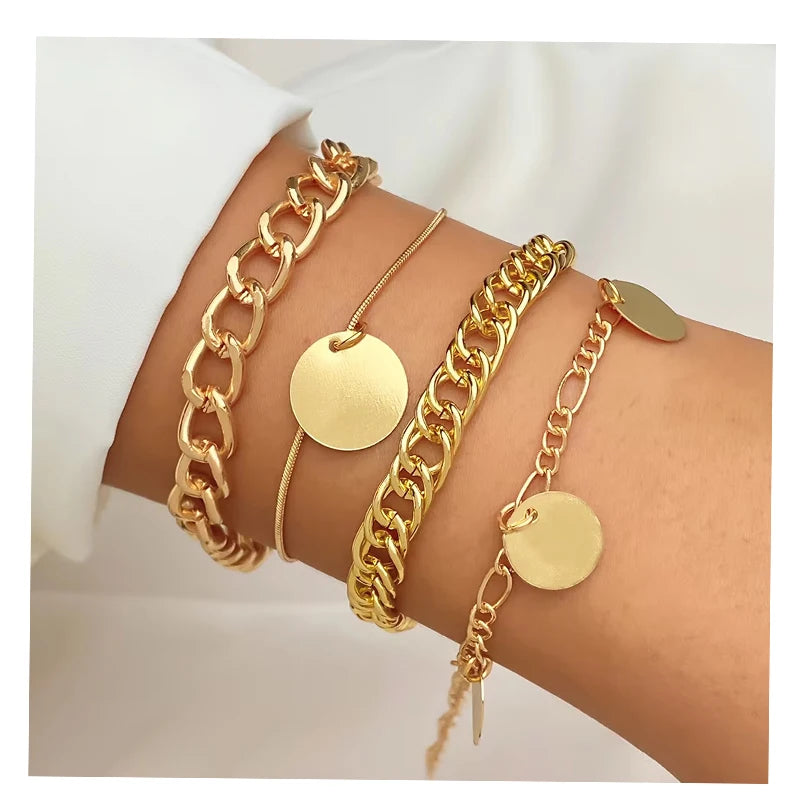 VKME Fashion 18K Gold Plated Bracelets for Women Vintage Punk Gold Cuban Link Chain Bracelet Set