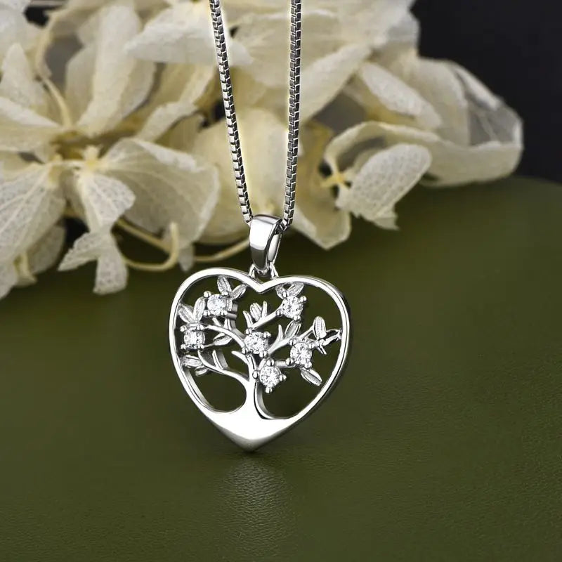 925 Silver Family Tree Necklace With Zircone Love Heart Pendants for Necklaces Jewelry