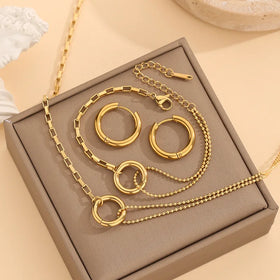 Minimalist 18k Gold Plated Non Tarnish Round Stainless Steel Necklace Bracelet Earrings Jewelry Set for Women
