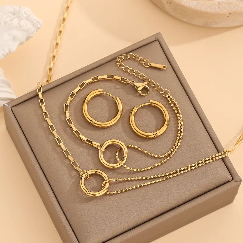 Minimalist 18k Gold Plated Non Tarnish Round Stainless Steel Necklace Bracelet Earrings Jewelry Set for Women