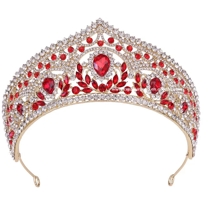 New Red Crystal Bride Rhinestone Bridal Big Crown Queen Tiara Rhinestone Gold Crown for Women Hair Accessories