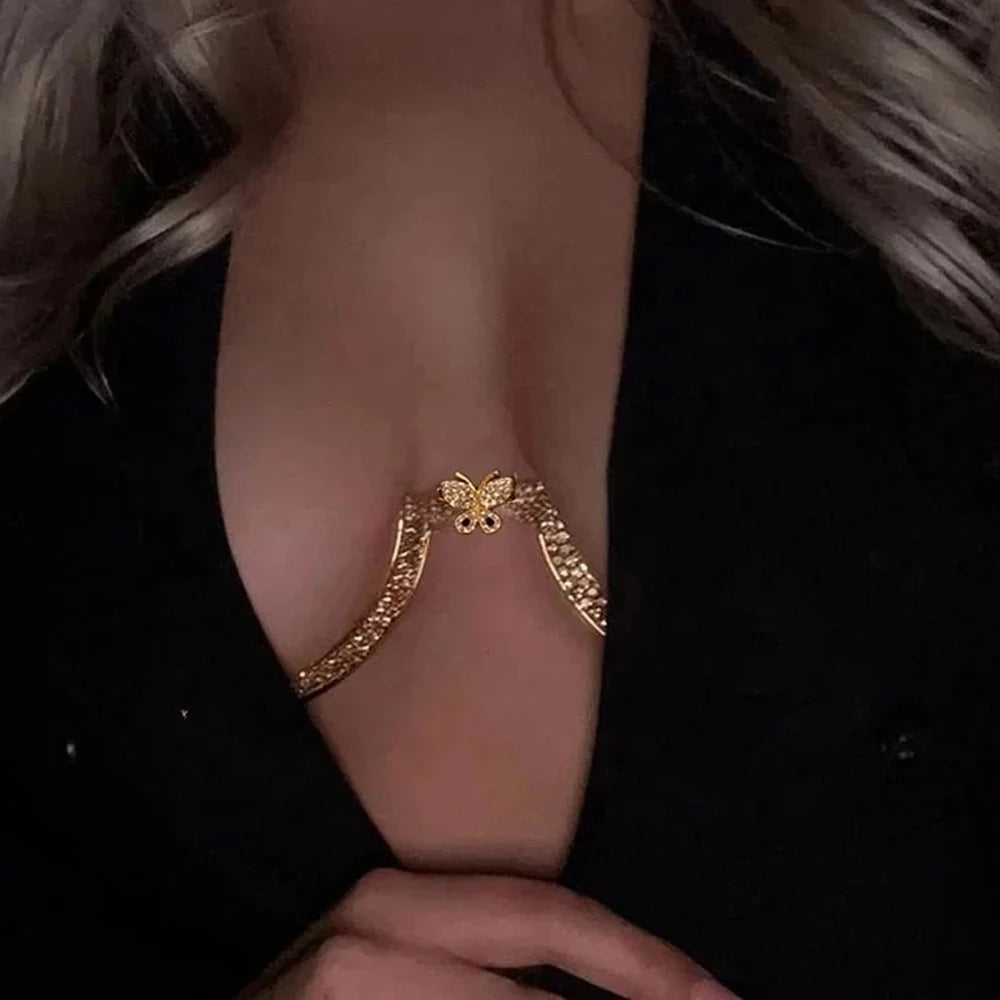 Sexy Butterfly Rhinestone Chest Bracket Bra Jewelry Chain for Women Party Bikini Crystal Breast Body Chain Accessories